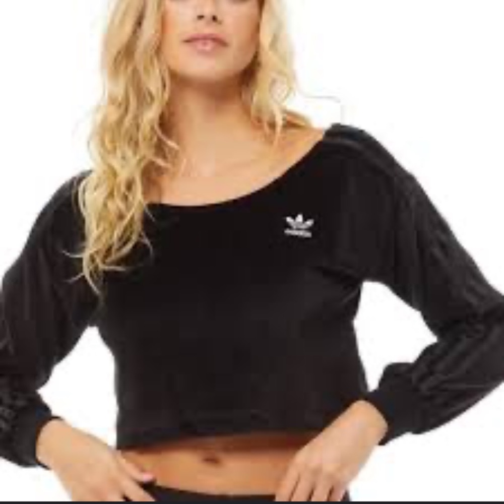 adidas Originals 'Relaxed Risqué' velour off the shoulder sweatshirt in black